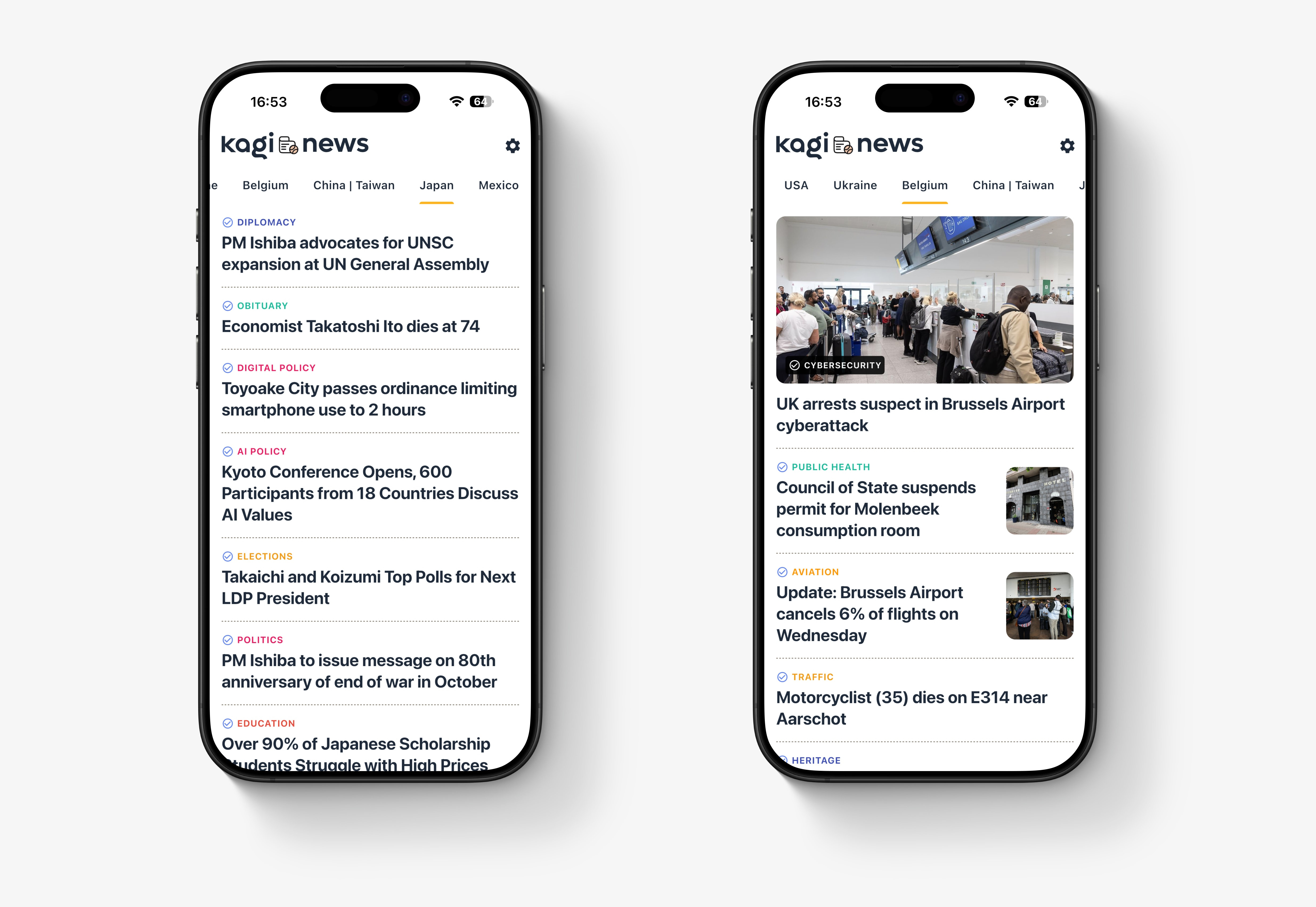 Two iPhones displaying articles. The left one has no images. The right one shows images.