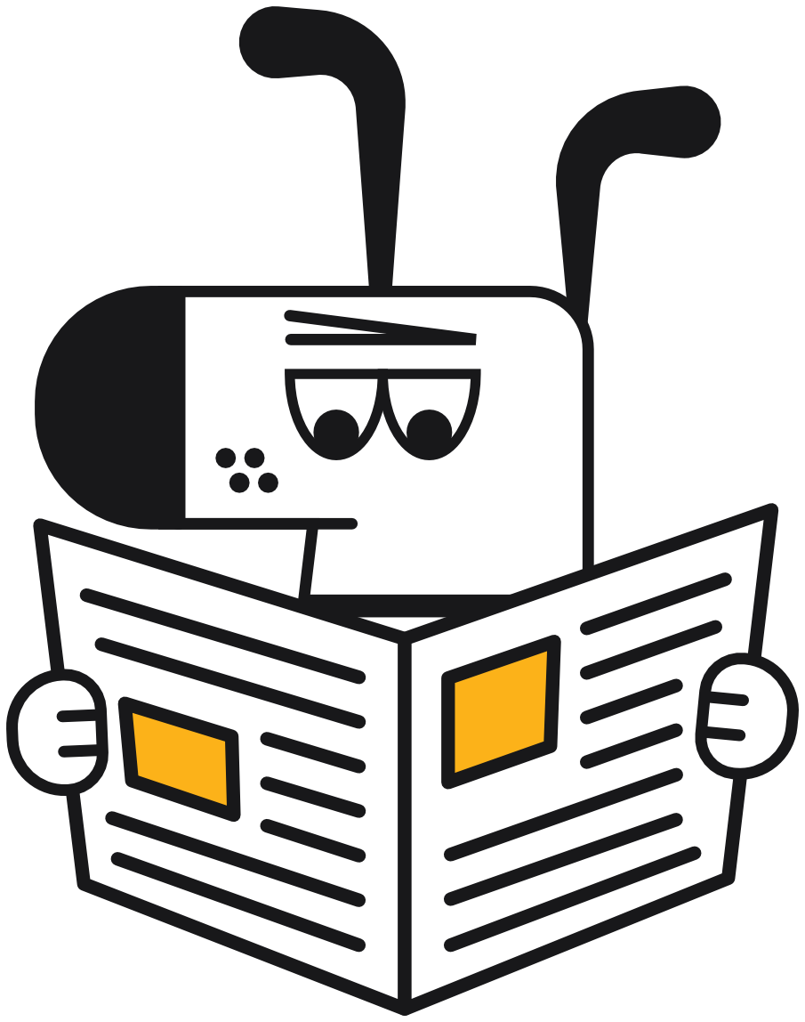 Illustration of Kagi's mascot, a cartoon dog with a white body and black nose and ears, reading a newspaper.