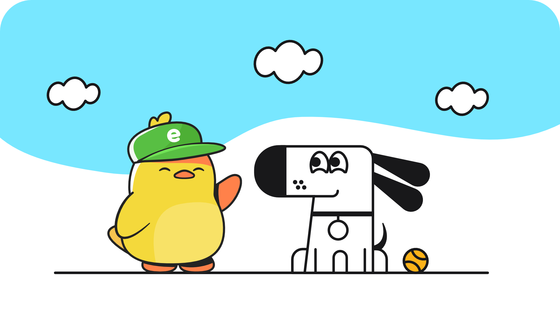 Ente's mascot, a yellow duck, wearing a green cap with Ente's logo on it while smiling. Next to it is Doggo, Kagi's cartoon dog mascot, sitting happily with a tennis ball by its side. The background shows a bright blue sky with fluffy white clouds.