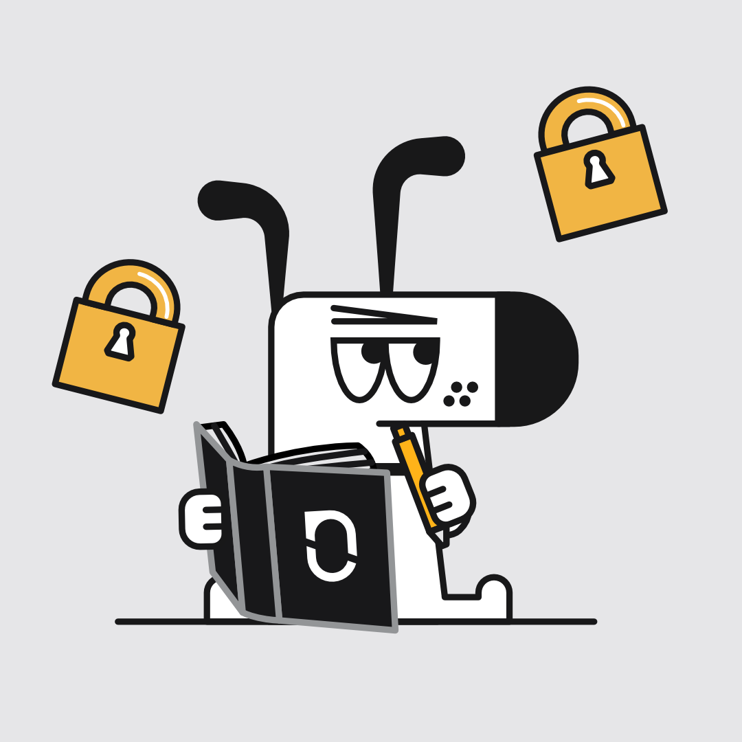 Illustration of Kagi's mascot, a cartoon dog, holding a notebook with the Notesnook logo on it and a pencil, with two yellow padlocks floating on either side