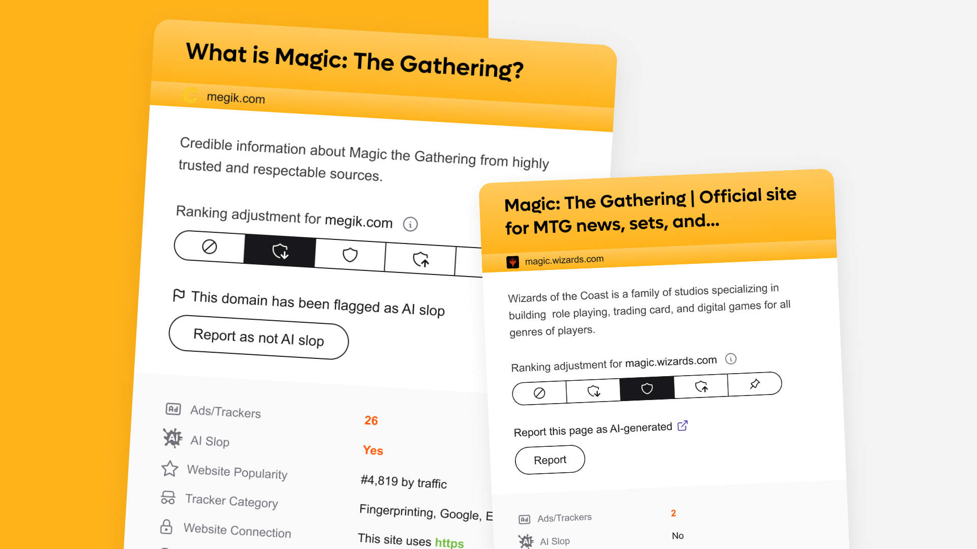 alt="Search results comparing AI slop detection on megik.com versus official Magic: The Gathering website on magic.wizards.com"