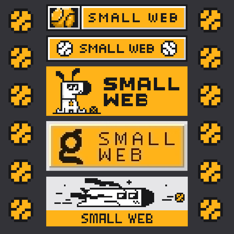 Collection of five Small Web initiative badges in pixel art style with orange and black color scheme, some which contain Kagi's dog mascot named Doggo