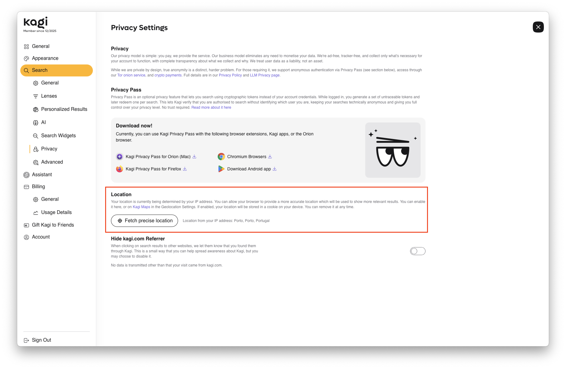 screenshot of the Kagi settings interface with the 'Search' and 'Privacy' tabs selected. A red box highlights the 'Location' section, which contains a description of how location is determined, a 'Fetch precise location' button, and text indicating the current IP-based location