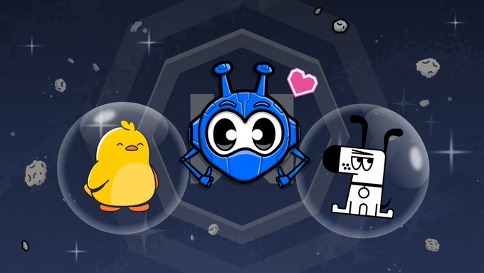 Three illustrated company mascots belonging to Ente, Windscribe and Kagi in transparent bubbles floating in space. The background features a dark navy starfield with asteroids, stars, and hexagonal geometric patterns.