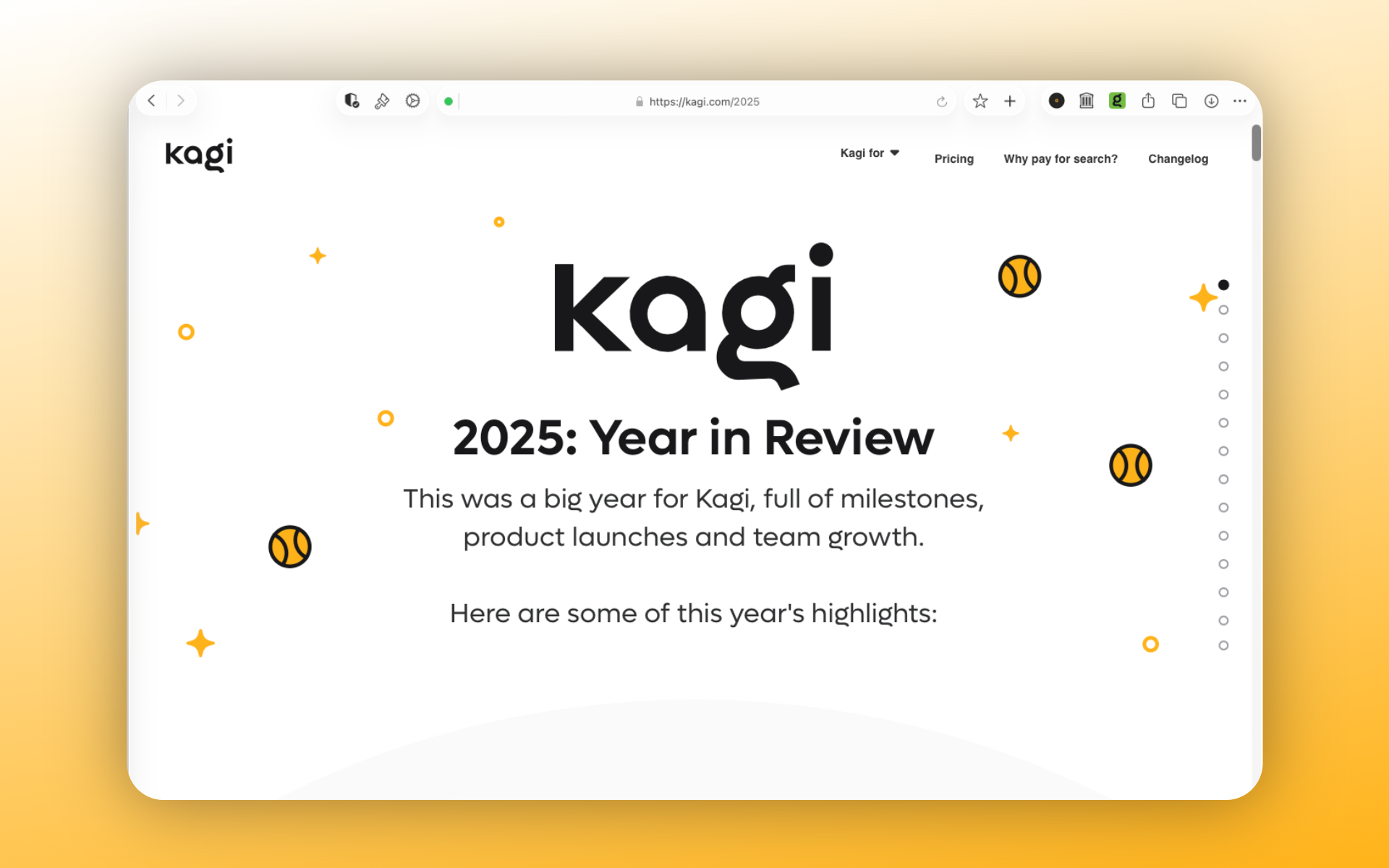 Kagi logo with '2025: Year in Review' headline on a light background with decorative orange stars and tennis ball icons. Text reads 'This was a big year for Kagi, full of milestones, product launches and team growth. Here are some of this year's highlights