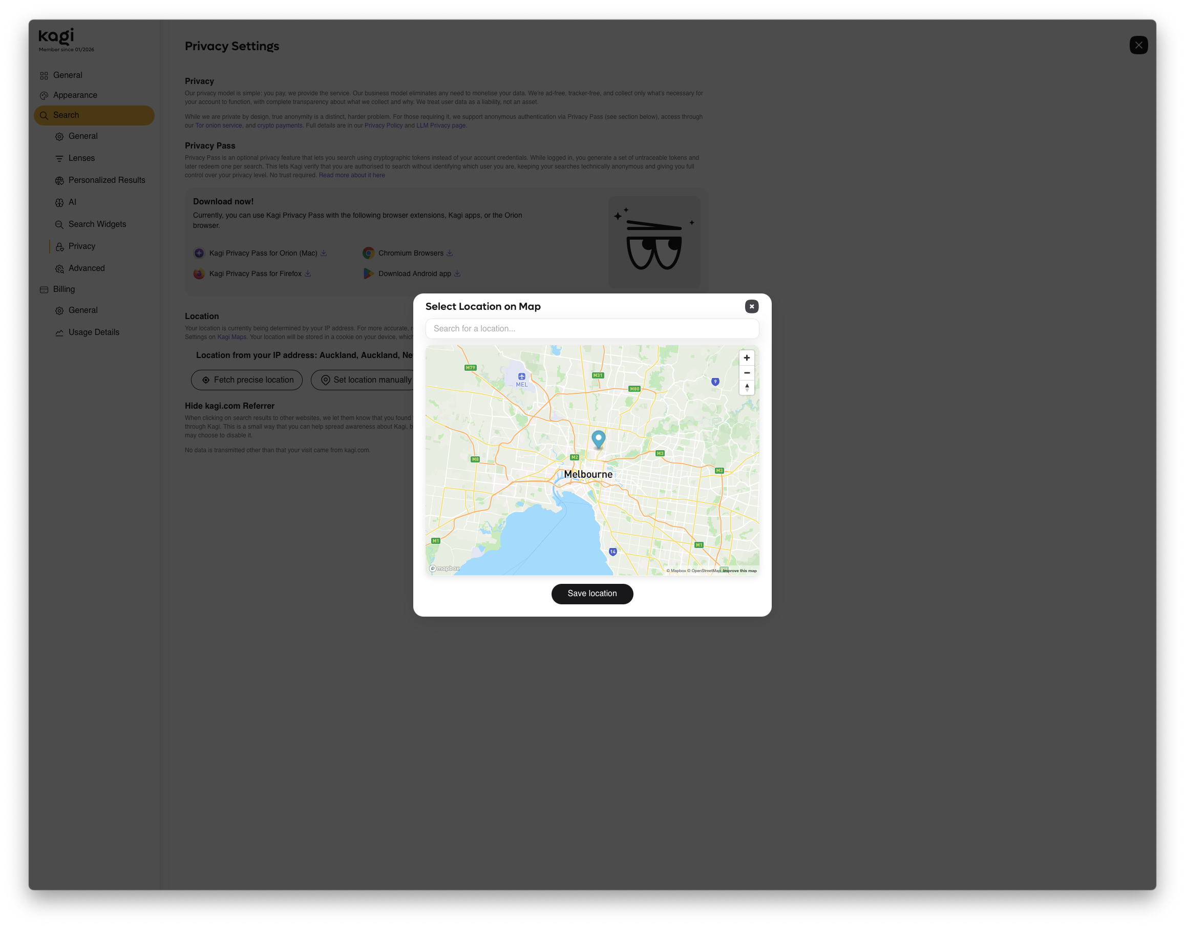 A map interface overlay titled 'Select Location on Map' showing Melbourne with a blue marker indicating a selected location. . A 'Save location' button appears at the bottom of the interface.
