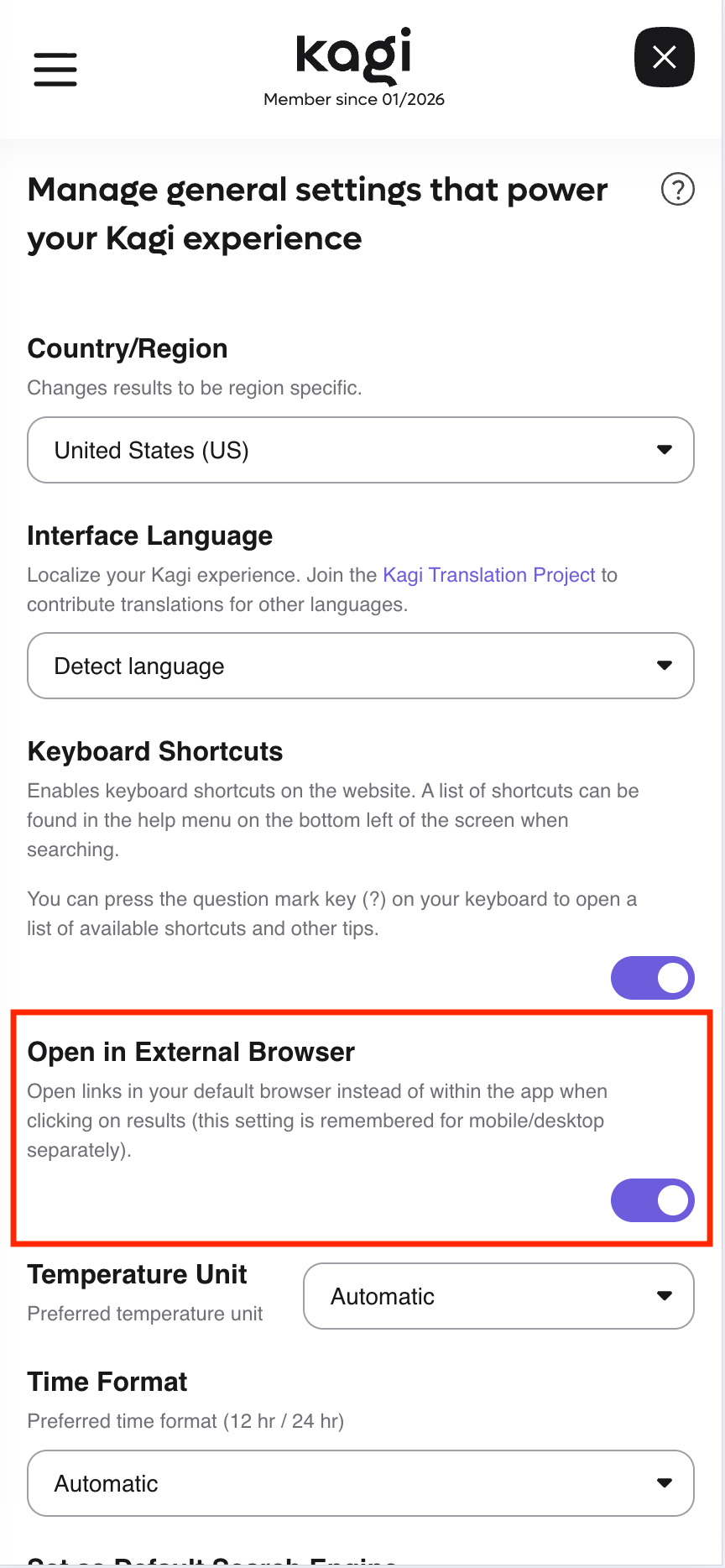 Screenshot of the Kagi Browser General Settings interface. It displays multiple options with the setting Open in External Browser highlighted and toggled on.