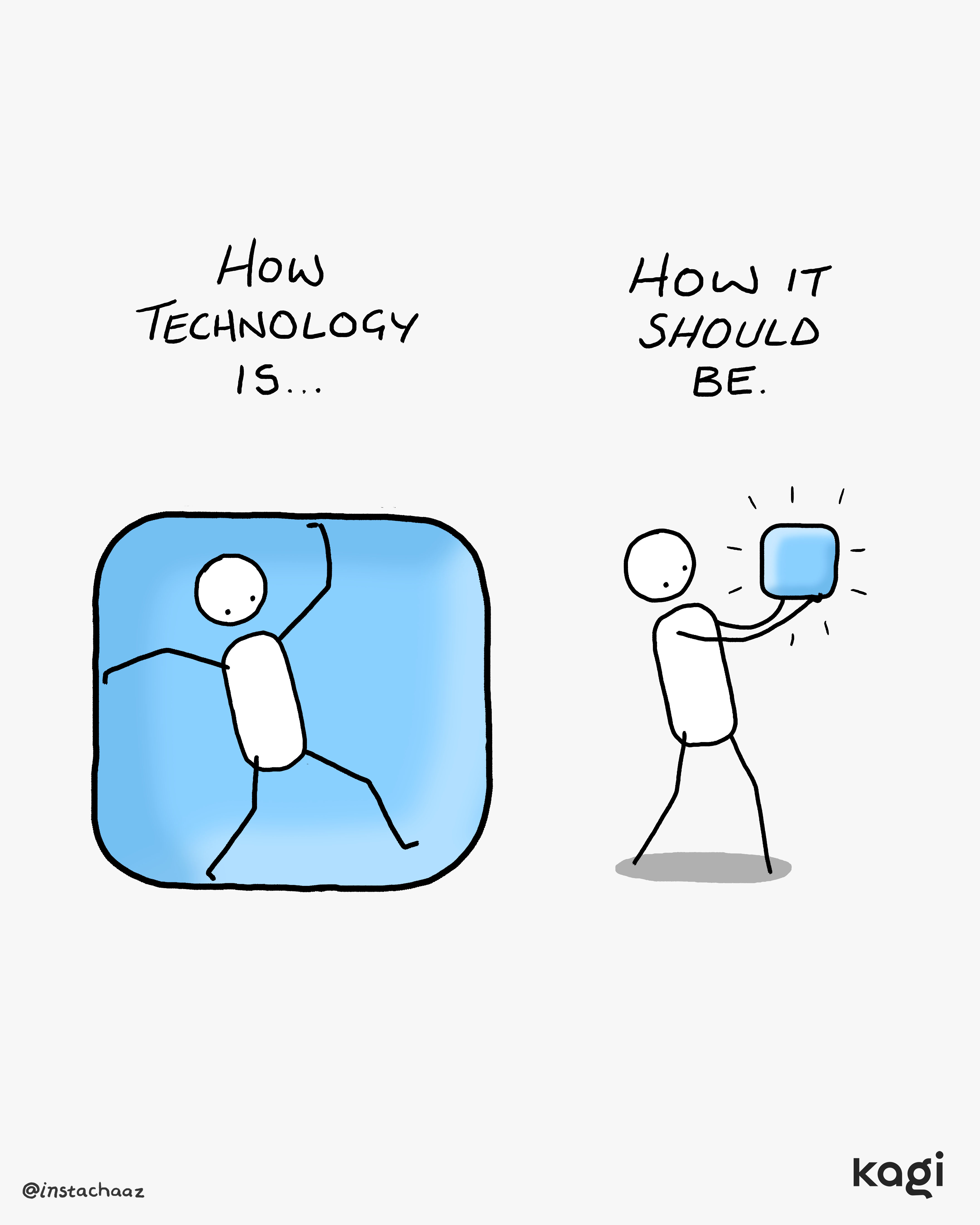 Two-panel comic comparing how technology is versus how it should be. Left shows a stick figure trapped inside a blue screen, right shows a figure confidently holding technology as a tool.