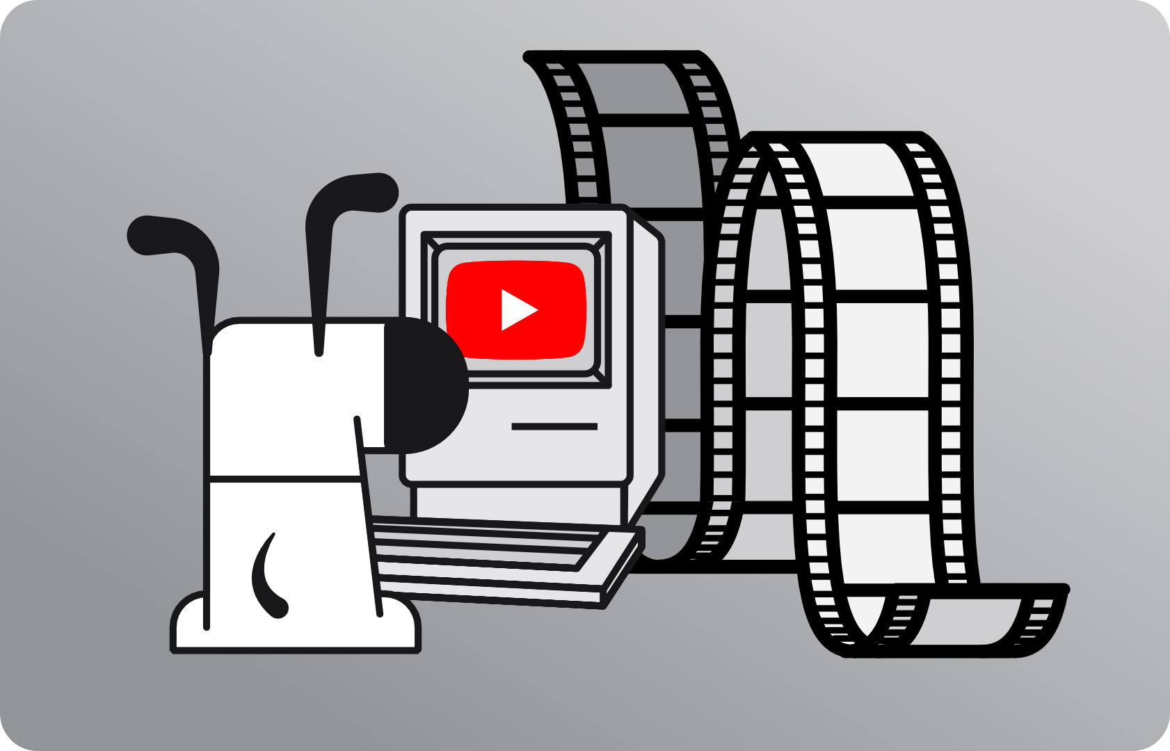 Illustration of a vintage film camera with the YouTube play button logo displayed on its viewfinder screen, with strips of film reel flowing out from the camera against a gray background and Kagi's mascot dog viewing the screen